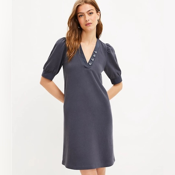 LOFT Petite Mixed Media V-Neck Shift Dress Coastal Grey XSP - Picture 1 of 9